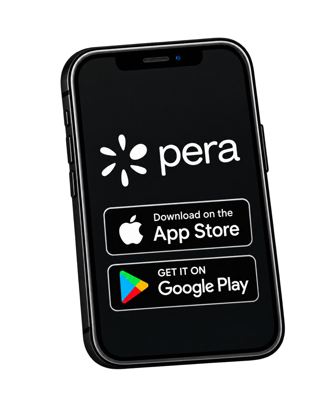 Phone displaying Pera Wallet and its App Store and Google Play badges